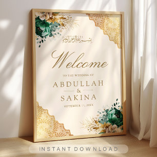 Emerald-Blumen-Gold-Muslim-Hochzeitsbegrüßung Poster