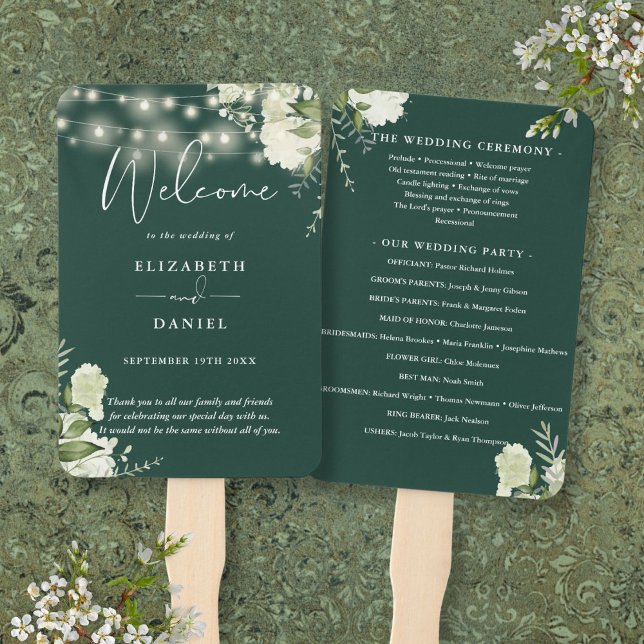 Emerald Blumengirlanden-Lichter Hochzeitsprogramm Fächer (Emerald Floral String Lights Wedding Program Hand Fan)
