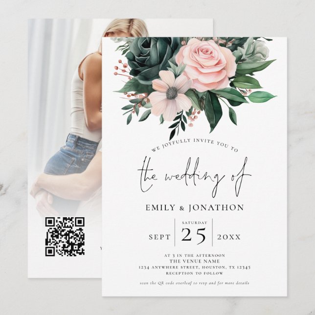 Emerald Blush Bloral Foto Overlay QR Code Hochzeit Einladung (Vorne/Hinten)