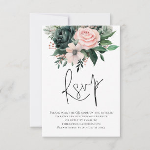 Emerald Blush Florals Script QR Code Wedding RSVP Karte