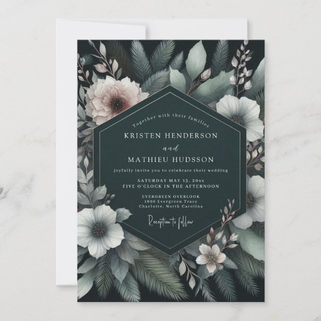 Emerald-Blush-Moody-Flora-Hochzeit Einladung (Vorderseite)