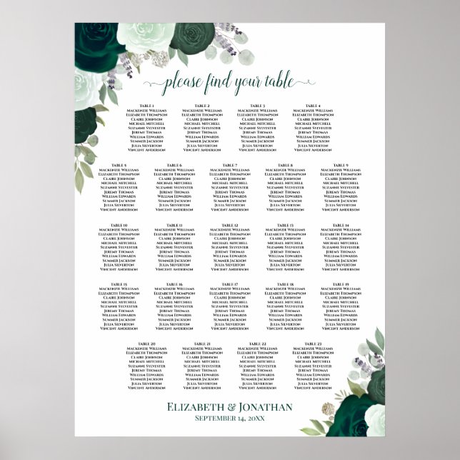 Emerald Boho Floral 23 Table Wedding Seating Chart Poster (Vorne)