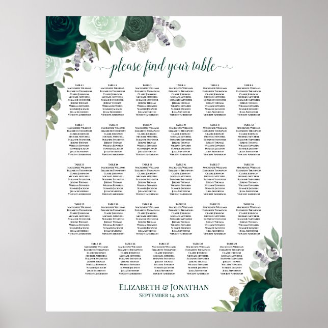 Emerald Boho Floral 29 Table Wedding Seating Chart Poster (Vorne)