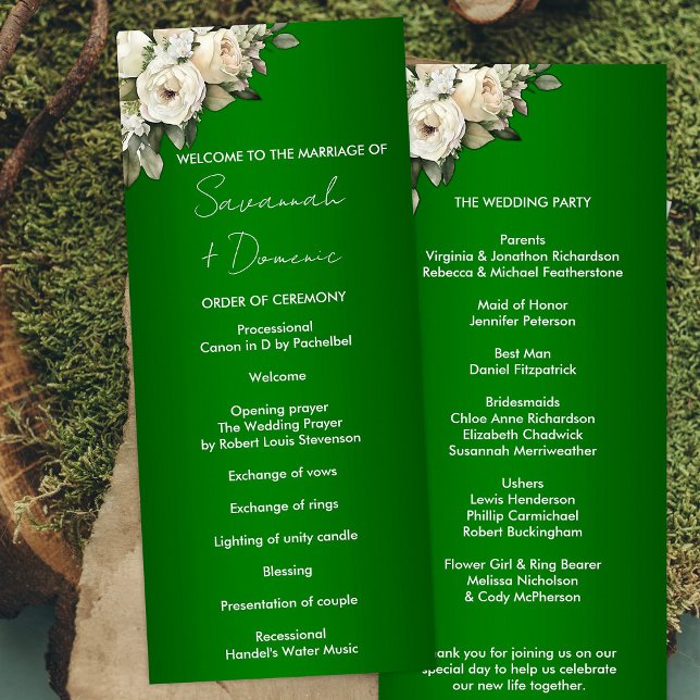 Emerald Boho White Roses Wedding Program Programm (Von Creator hochgeladen)