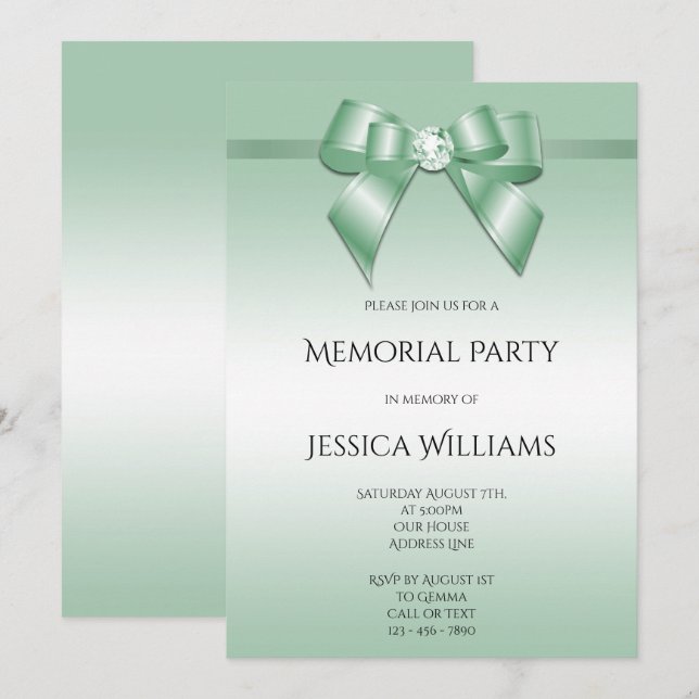 Emerald Bow & Ribbon Memorial Party Einladung (Vorne/Hinten)