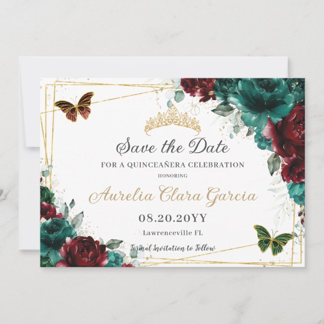 Emerald Burgundy Floral Quinceañera 16 . Geburtsta Save The Date (Vorderseite)