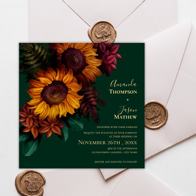 Emerald & Burnt Orange Sonnenblumenhochzeit Einladung (Emerald & Burnt Orange Sunflower Floral Wedding Invitation)