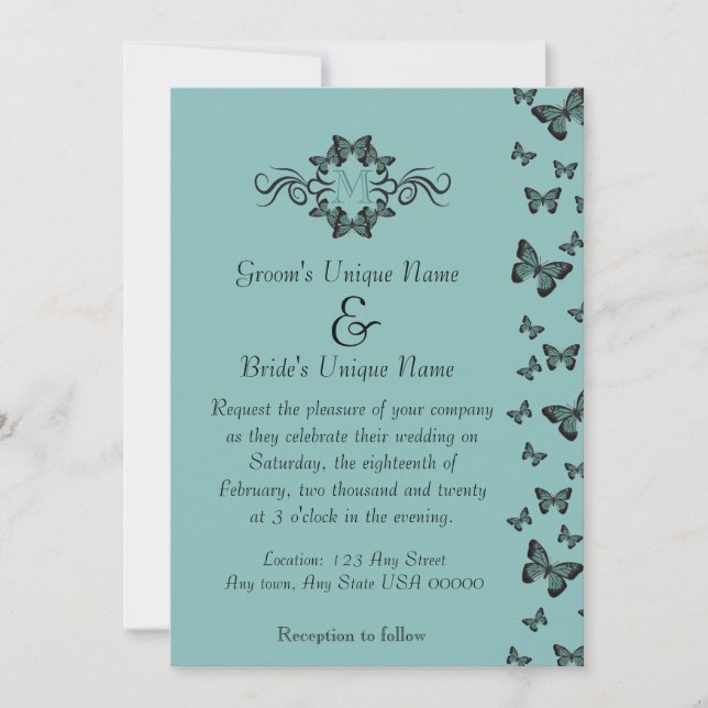 Emerald Butterflies Monogram Wedding Einladung (Vorderseite)