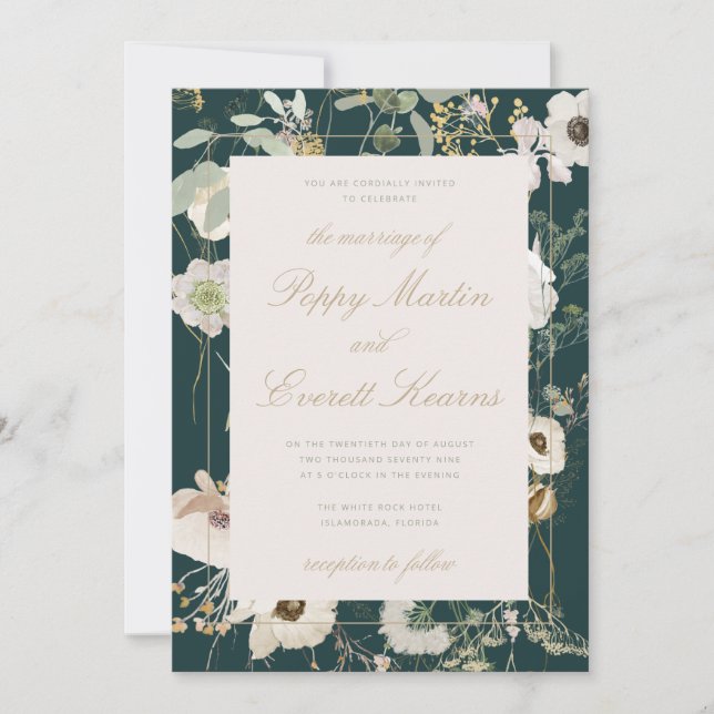 Emerald & Cream Floral Poppy Wedding Invitation Einladung (Vorderseite)