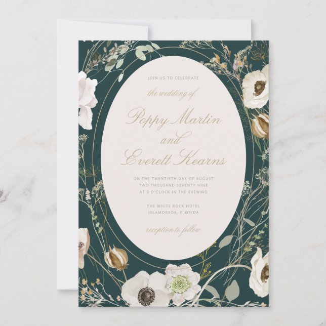 Emerald & Cream Wildflower Wedding Invitation Einladung (Vorderseite)