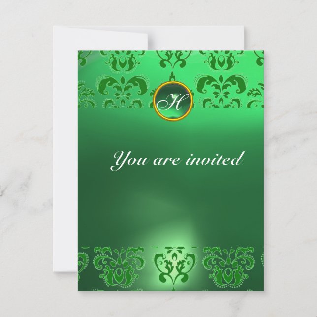 EMERALD DAMASK GEM STONE MONOGRAM grün Einladung (Vorderseite)