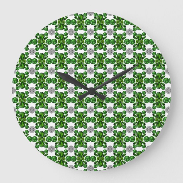 Emerald Diamond Gemstone Art Green Große Wanduhr (Vorderseite)
