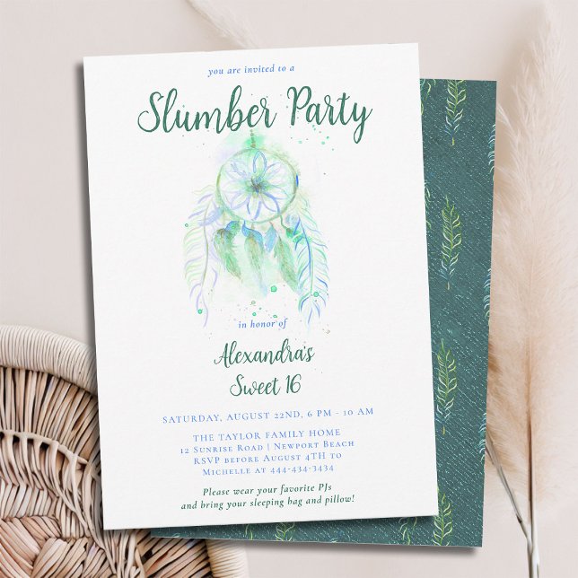 Emerald Dream Catcher Slumber PJ Party Sweet 16 Einladung (sweet 16 slumber party invitation birthday pj sleep over dreamcatcher emerald green watercolor boho)
