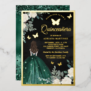 Emerald Dress Butterfly Black Quinceanera Gold Folieneinladung