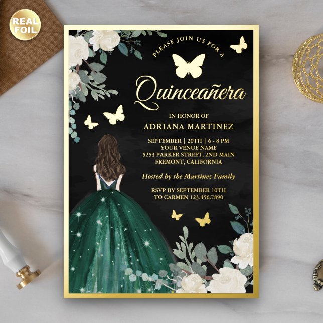 Emerald Dress Butterfly Black Quinceanera Gold Folieneinladung (Von Creator hochgeladen)