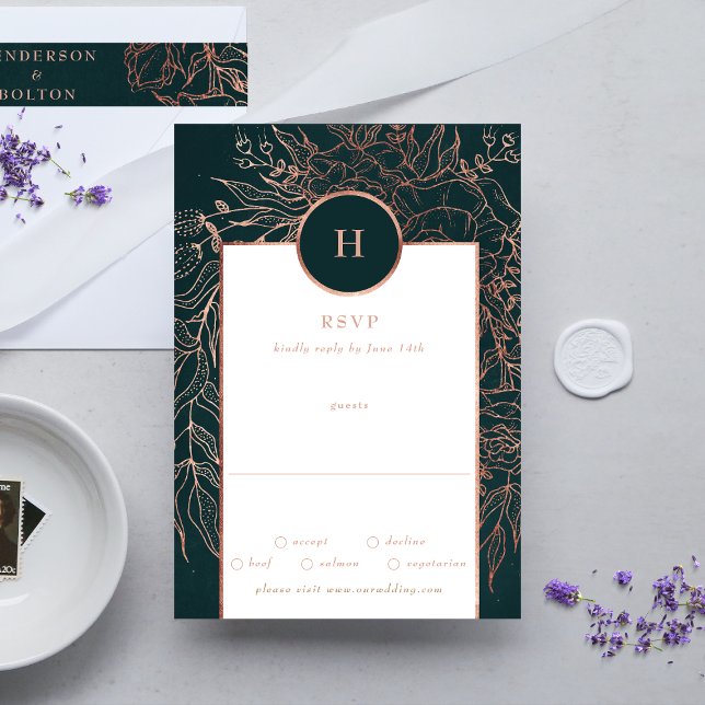 Emerald Dusty Rose Gold Monogram Wreath Wedding RSVP Karte (RSVP showcasing suite - additional items (bought separately))