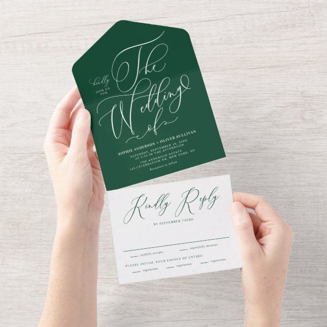 Emerald Elegant Whimsical Calligraphy Wedding All In One Einladung (Abreißen)