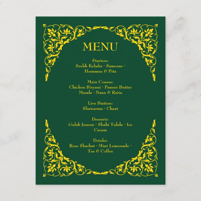 Emerald-Eleganz-Hochzeitsmenü Begleitkarte (Vorderseite)
