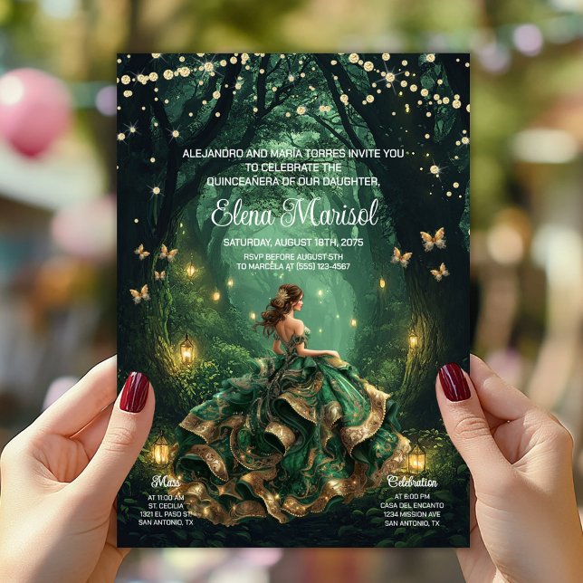 Emerald Enchanted Forest Quinceañera Einladung (Enchanted forest Quinceañera invite with beautiful gown, butterflies, forest lanterns. Add your info)