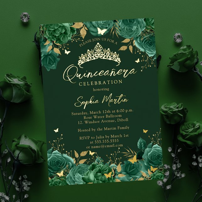 Emerald Enchanting Floral Butterfly Quinceanera Folieneinladung (Von Creator hochgeladen)