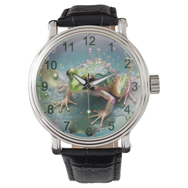 "Emerald Essence: Green Frog in Fraktal Art" Armbanduhr (Vorderseite)
