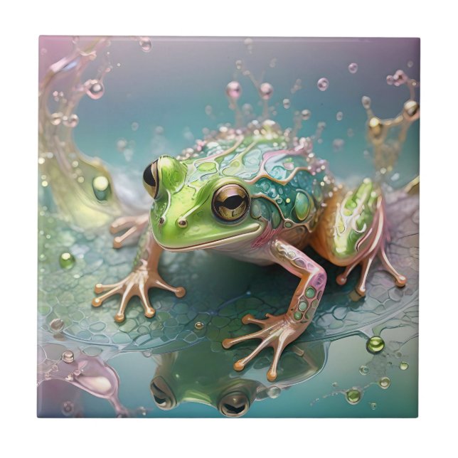 "Emerald Essence: Green Frog in Fraktal Art" Fliese (Vorderseite)