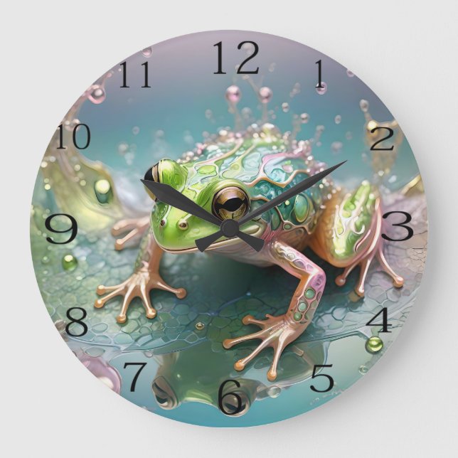 "Emerald Essence: Green Frog in Fraktal Art" Große Wanduhr (Vorderseite)