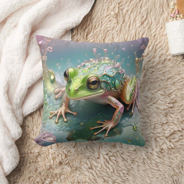 "Emerald Essence: Green Frog in Fraktal Art" Kissen (Decke)