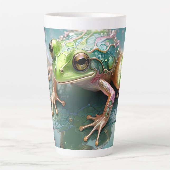 "Emerald Essence: Green Frog in Fraktal Art" Milchtasse (Vorderseite)