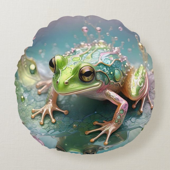 "Emerald Essence: Green Frog in Fraktal Art" Rundes Kissen (Vorderseite)