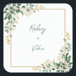 Emerald Eucalyptus Gold Berry Frame Wedding Quadratischer Aufkleber<br><div class="desc">Bring a breath of fresh, organic elegance to your stationery with this vibrant watercolor botanical arrangement. The design features lush clusters of emerald eucalyptus leaf paired with delicate, sun-kissed yellow mimosa berry accents that gracefully adorn the corners. A clean, shimmering gold square frame ties the arrangement together against a crisp...</div>