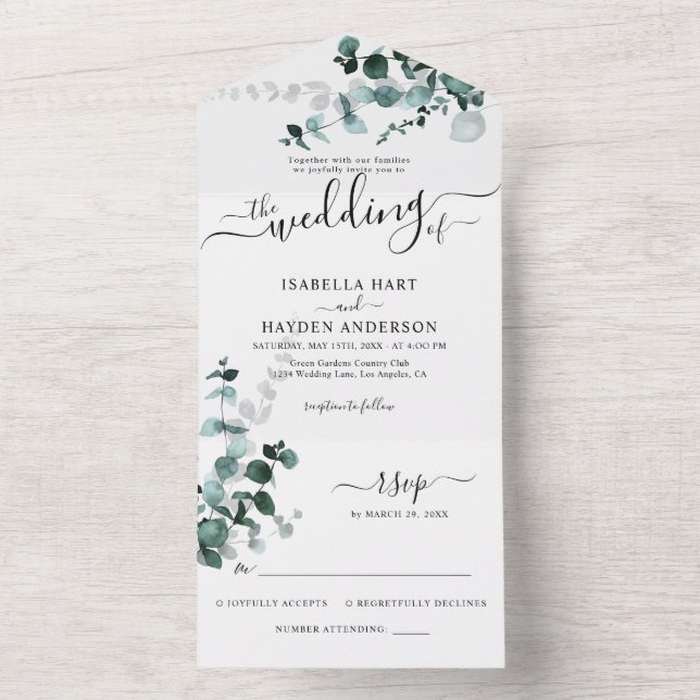 Emerald Eucalyptus Greenery Botanical Wedding RSVP All In One Einladung (Innen Boden)