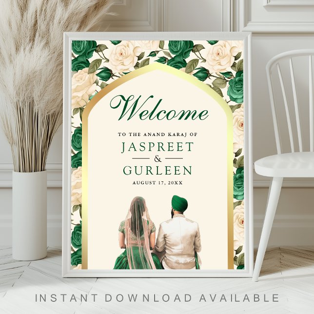 Emerald Floral Anand Karaj Wedding Welcome Sign Poster (Von Creator hochgeladen)