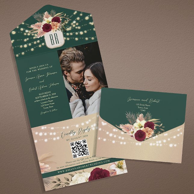 Emerald Floral Boho Wedding All In One Einladung (Von Creator hochgeladen)