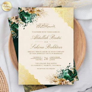 Emerald Floral Gold-Lace Cream Muslimische Hochzei Folieneinladung