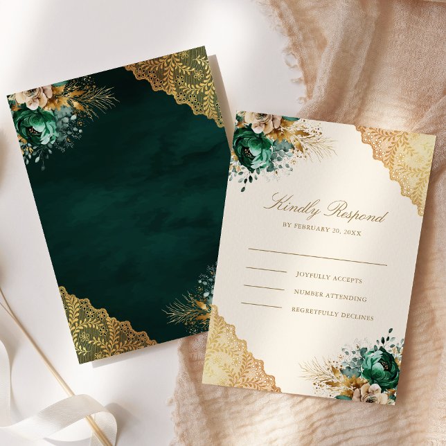 Emerald Floral Gold Lace Cream muslimische Hochzei RSVP Karte (Von Creator hochgeladen)