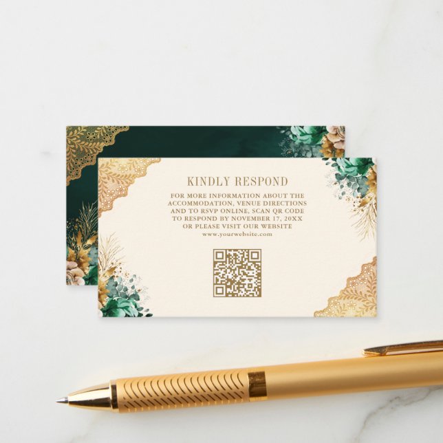 Emerald Floral Gold Lace Cream Wedding QR Code Begleitkarte (Vorderseite/Rückseite Beispiel)
