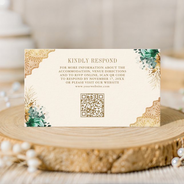 Emerald Floral Gold Lace Cream Wedding QR Code Begleitkarte (Von Creator hochgeladen)