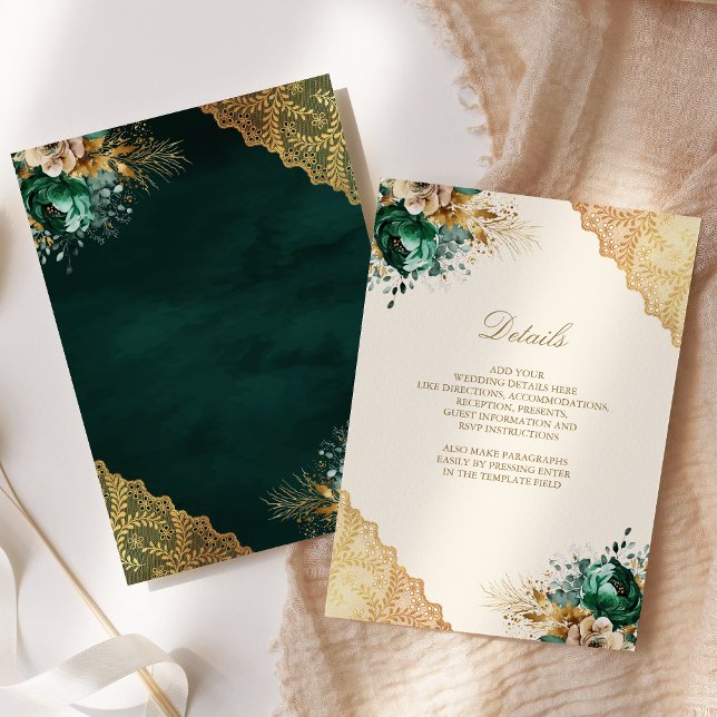 Emerald Floral Gold Lace Muslim Hochzeiten Details Begleitkarte (Von Creator hochgeladen)
