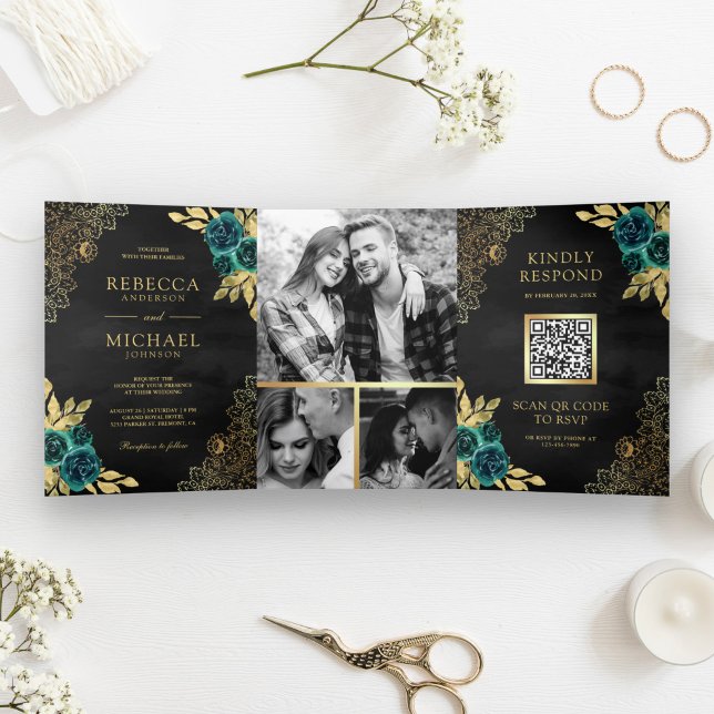 Emerald Floral Gold Lace QR Code Black Wedding Dreifach Gefaltete Einladung (Von Creator hochgeladen)