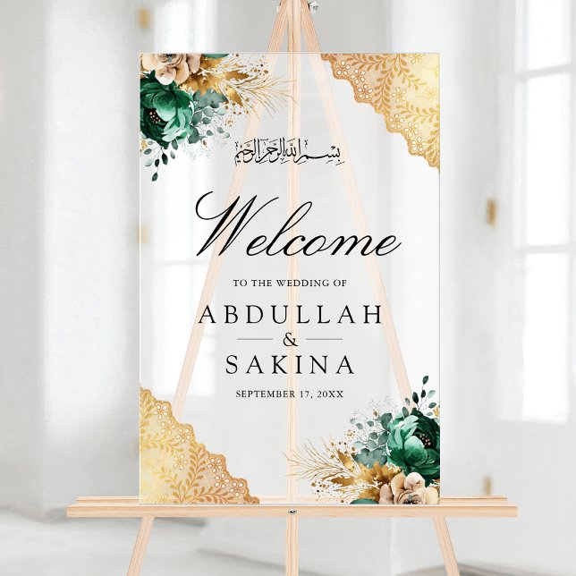 Emerald Floral Gold Muslim Wedding Welcome Frosted Acrylschild (Von Creator hochgeladen)
