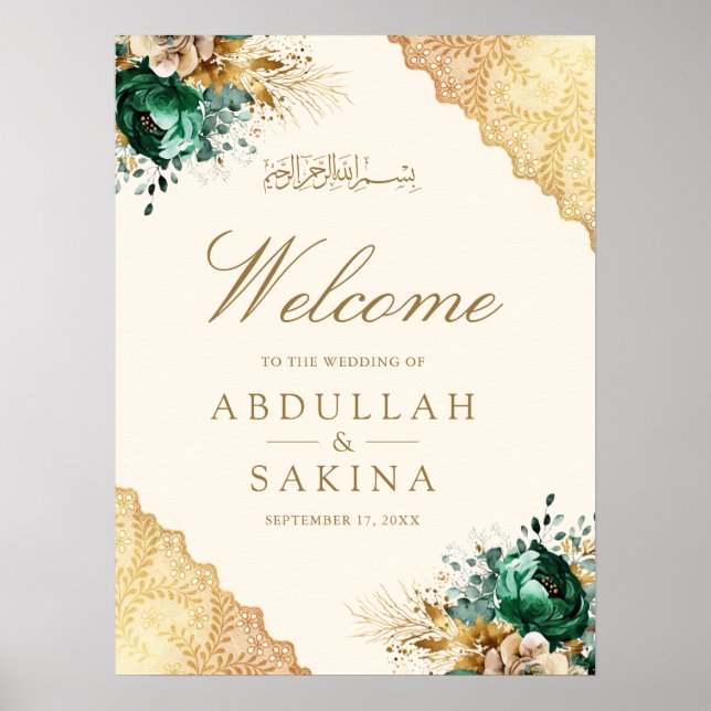 Emerald Floral Gold Muslim Wedding Welcome Poster (Vorne)