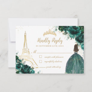 Emerald Floral Gold Paris Princess Quinceañera RSVP Karte
