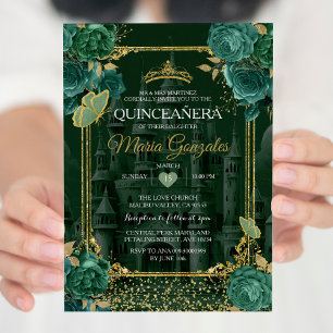 Emerald Floral Green Quinceañera Butterfly Einladung