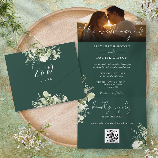 Emerald Floral Greenery QR Code Wedding Foto All In One Einladung (Emerald Floral Greenery QR Code Wedding Photo All In One Invitation)