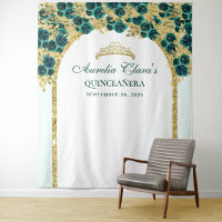 Emerald Floral Princess Gold Arch Quinceanera