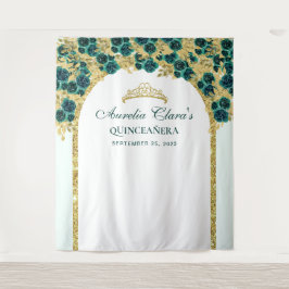Emerald Floral Princess Gold Arch Quinceanera Wandteppich