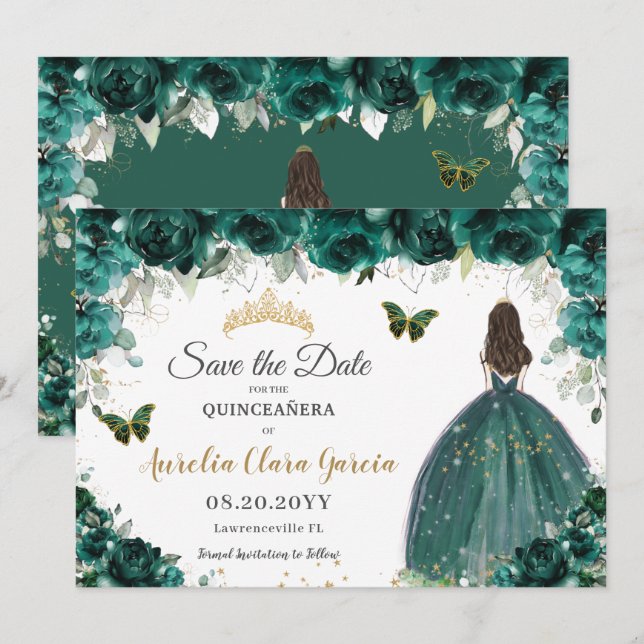 Emerald Floral Princess Quinceañera Save the Date (Vorne/Hinten)