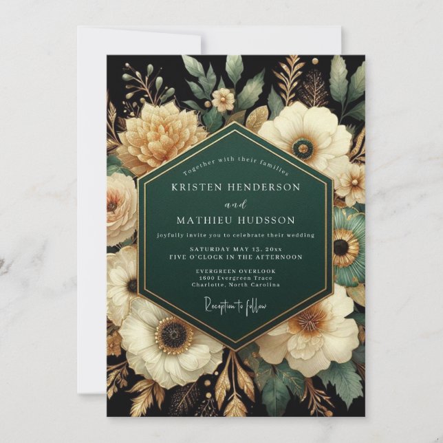 Emerald Gilded Botanical Wedding Einladung (Vorderseite)