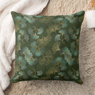 Emerald Ginkgo Eleganz – Luxuriöses Gold-Botanisch Kissen